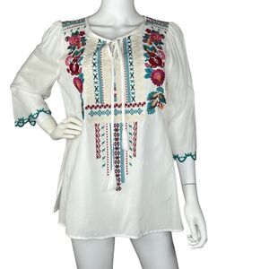 Size S Floral Embroidered Peasant Blouse 3/4 Sleeve White Boho Western